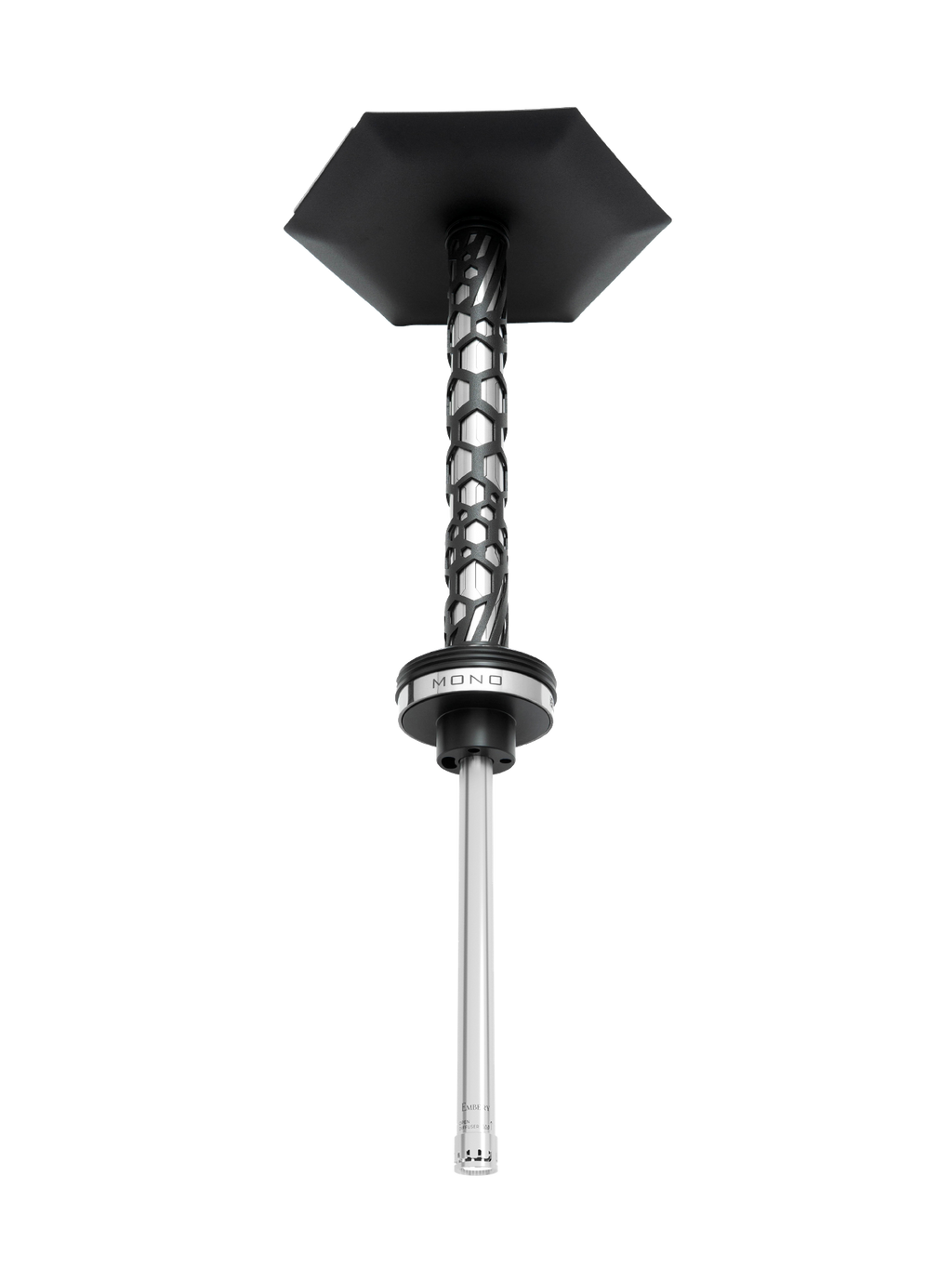Embery Mono 4.0 Silver Black hookah stem with hexagonal plate and geometric decor, top view