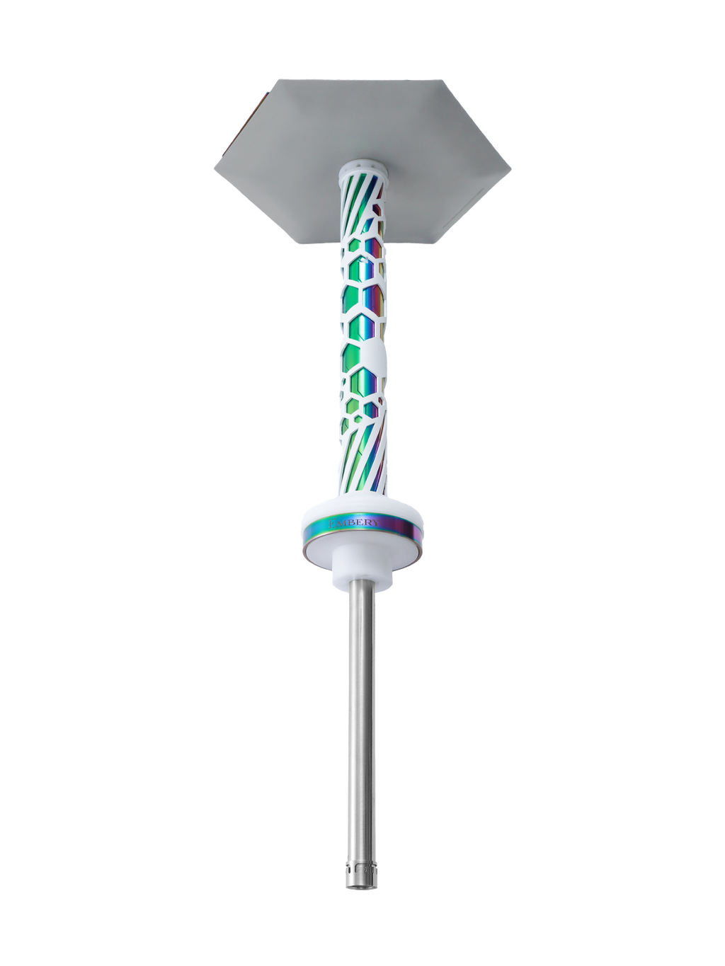 Embery Mono 4.0 Snow Chameleon white rainbow hookah with stainless steel diffuser downstem, full side view