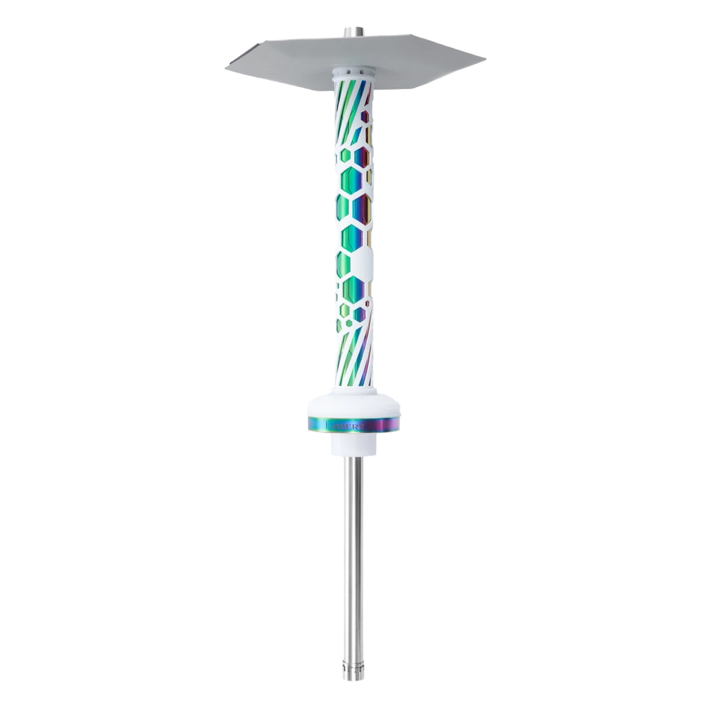 Embery Mono 4.0 Snow Chameleon hookah white stem with iridescent rainbow core and hexagonal plate, top view